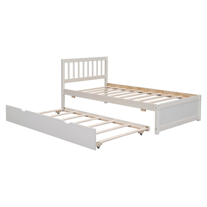 Cama de plataforma tamaño Twin con cama nido y cabecero con valla - Diseño moderno que ahorra espacio