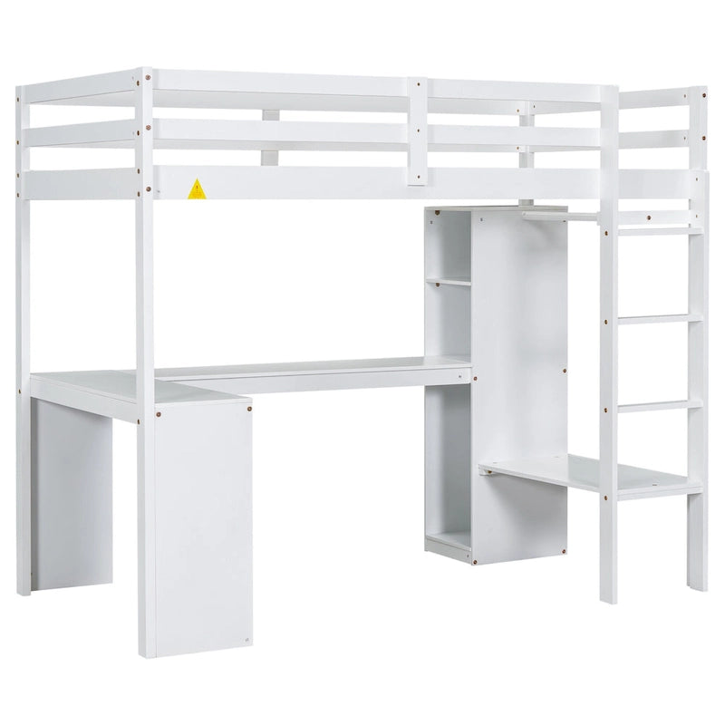 Cama alta blanca de madera maciza tamaño Twin con escritorio en forma de L, armario y estantes de almacenamiento