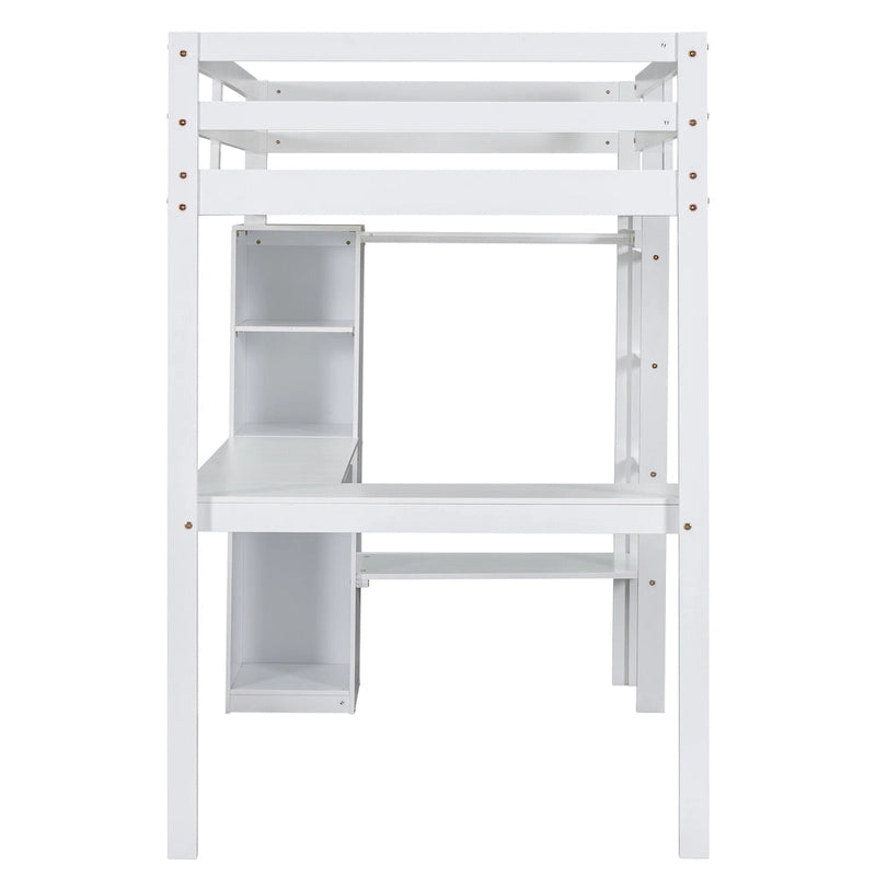Cama alta blanca de madera maciza tamaño Twin con escritorio en forma de L, armario y estantes de almacenamiento