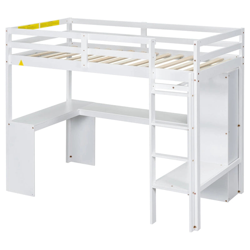 Cama alta blanca de madera maciza tamaño Twin con escritorio en forma de L, armario y estantes de almacenamiento