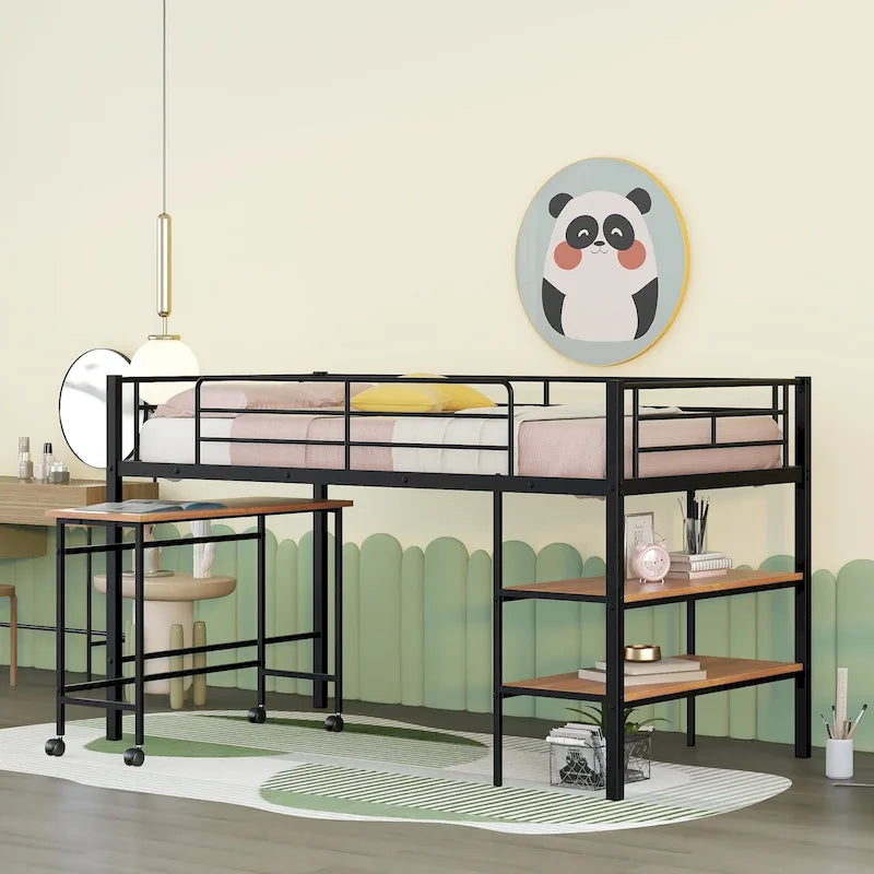 Cama alta metálica negra tamaño Twin con escritorio y estantes para niños y adolescentes