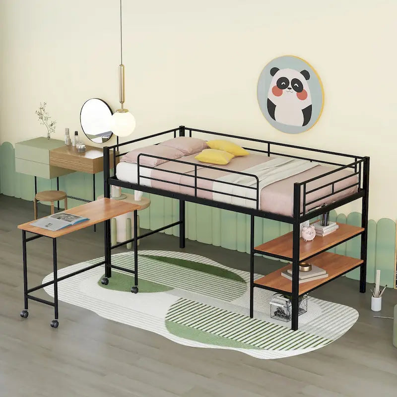 Cama alta metálica negra tamaño Twin con escritorio y estantes para niños y adolescentes
