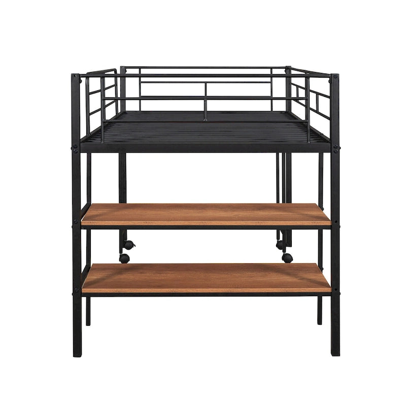 Cama alta metálica negra tamaño Twin con escritorio y estantes para niños y adolescentes