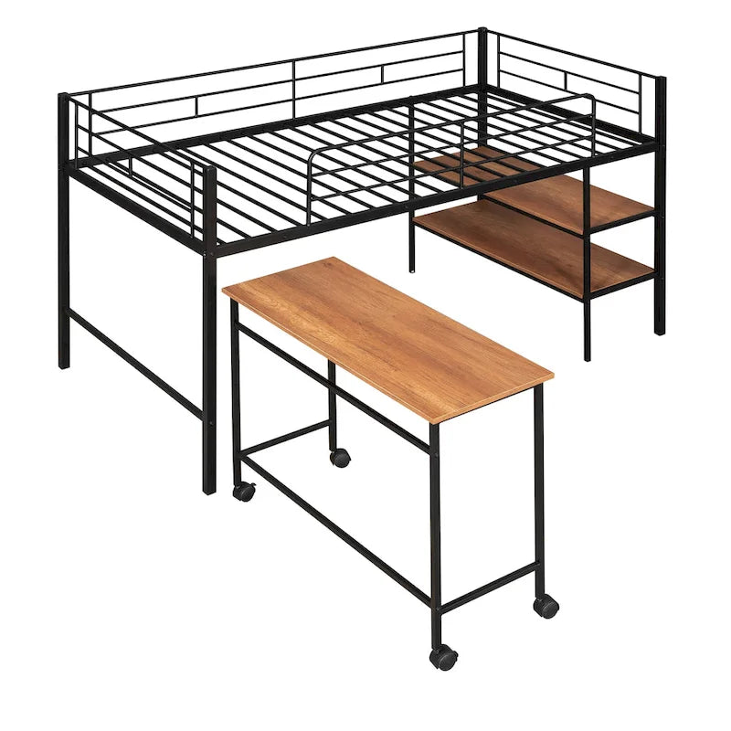 Cama alta metálica negra tamaño Twin con escritorio y estantes para niños y adolescentes