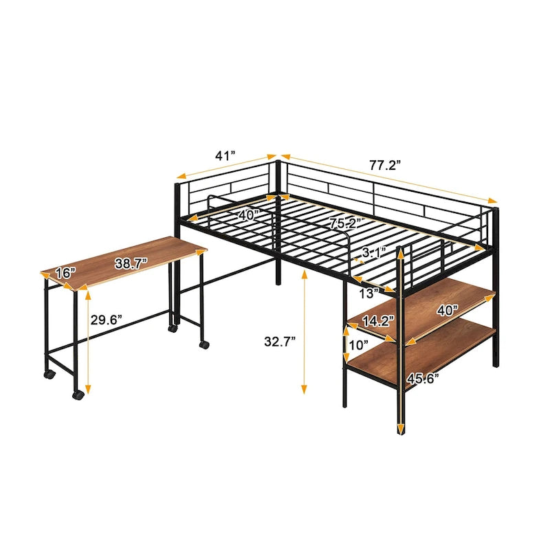 Cama alta metálica negra tamaño Twin con escritorio y estantes para niños y adolescentes