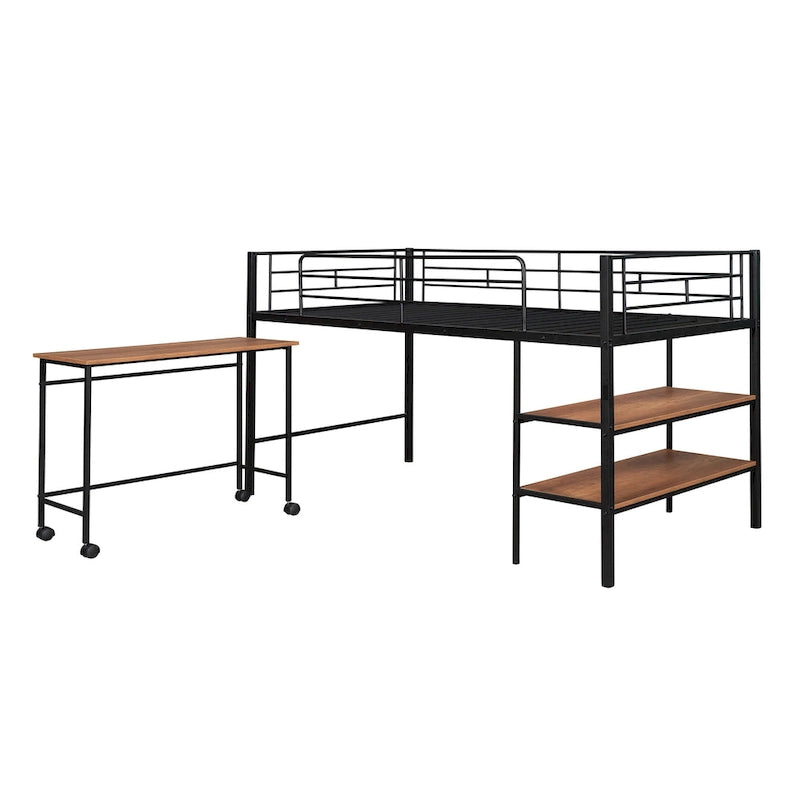 Cama alta metálica negra tamaño Twin con escritorio y estantes para niños y adolescentes