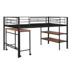 Cama alta metálica negra tamaño Twin con escritorio y estantes para niños y adolescentes