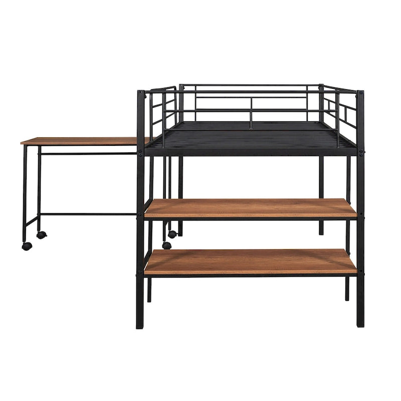 Cama alta metálica negra tamaño Twin con escritorio y estantes para niños y adolescentes
