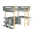 Graues Hochbett aus Massivholz in Full-Größe mit integriertem Stauraumschrank und Würfelfächern, klappbarer Schreibtisch