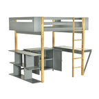 Graues Hochbett aus Massivholz in Full-Größe mit integriertem Stauraumschrank und Würfelfächern, klappbarer Schreibtisch