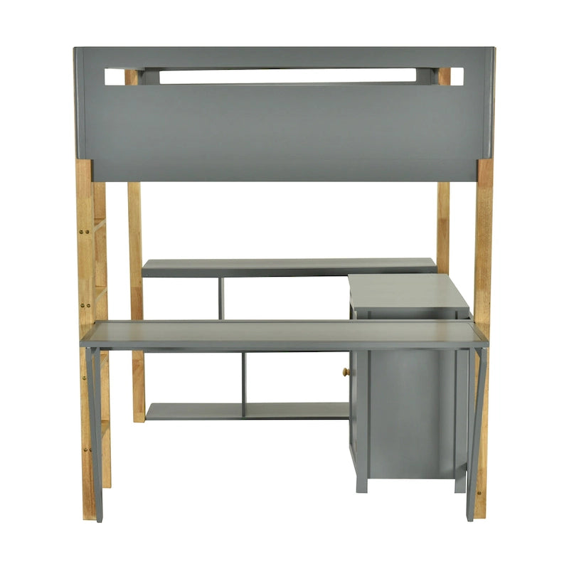 Graues Hochbett aus Massivholz in Full-Größe mit integriertem Stauraumschrank und Würfelfächern, klappbarer Schreibtisch
