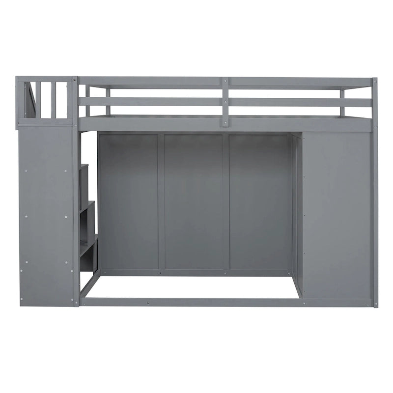 Cama alta de madera gris tamaño Full con armarios, gabinetes y cajones integrados