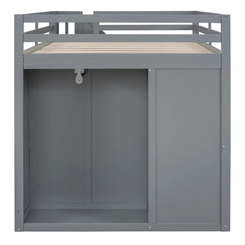 Cama alta de madera gris tamaño Full con armarios, gabinetes y cajones integrados