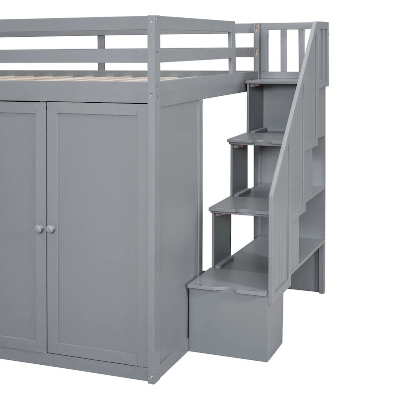 Cama alta de madera gris tamaño Full con armarios, gabinetes y cajones integrados