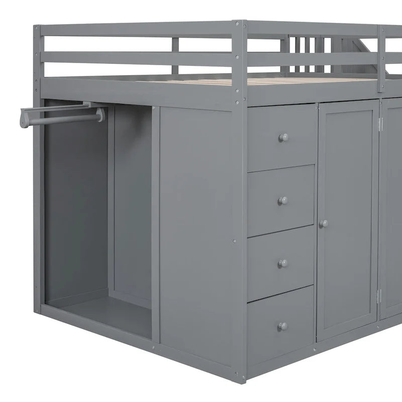 Cama alta de madera gris tamaño Full con armarios, gabinetes y cajones integrados