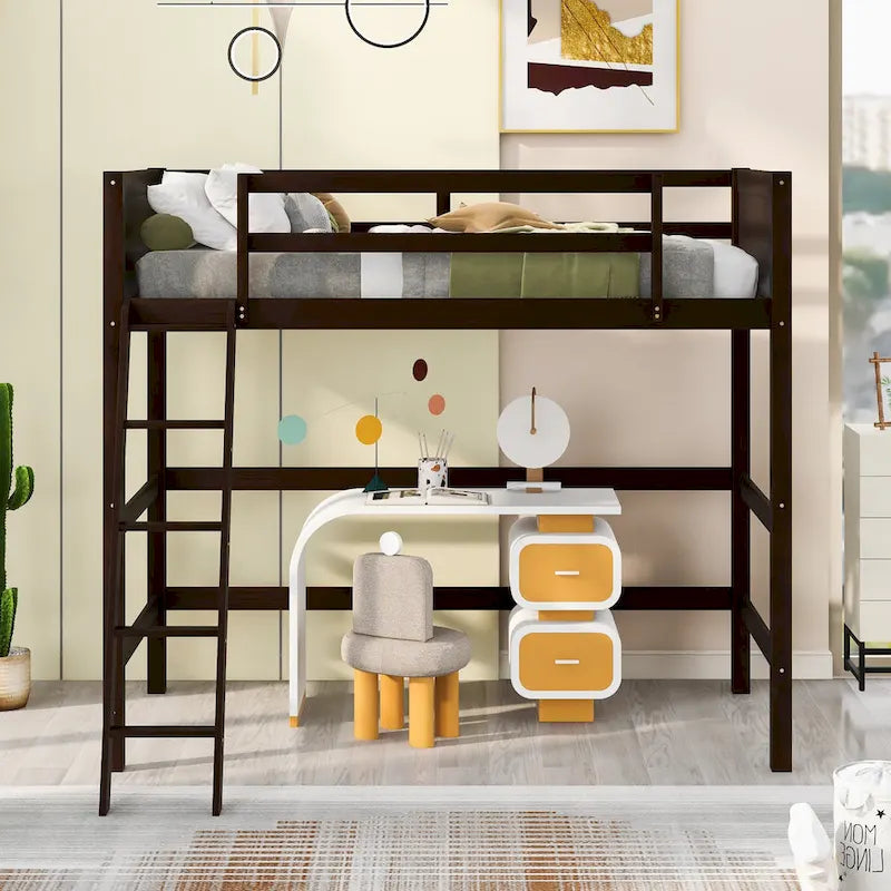 Espresso Twin Size Solid Wood Loft Bed with Ladder and Fence