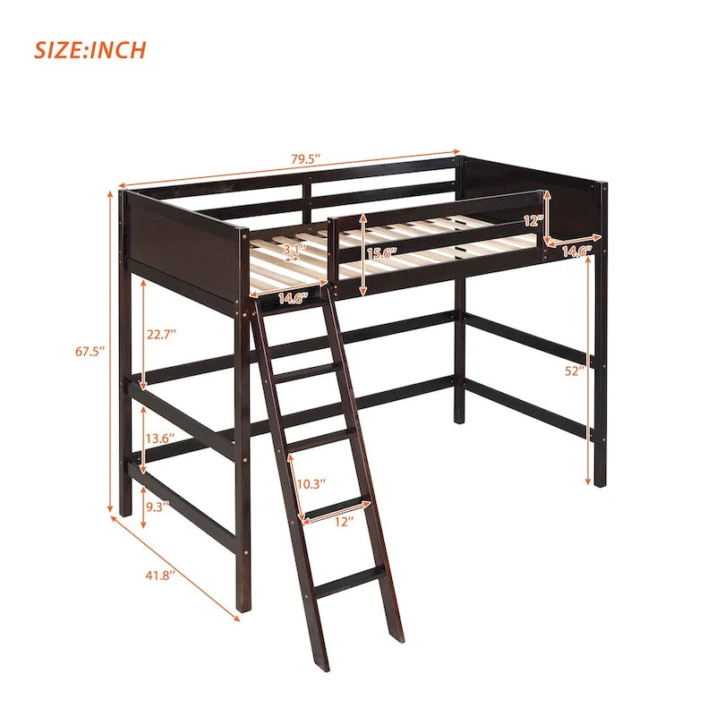 Cama alta de madera maciza tamaño Twin color espresso con escalera