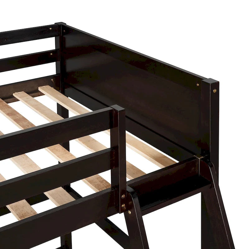 Cama alta de madera maciza tamaño Twin color espresso con escalera