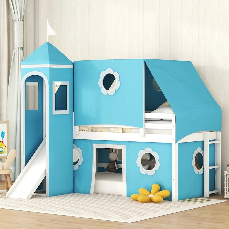 Cama alta tipo casita de madera maciza tamaño Twin azul con tobogán