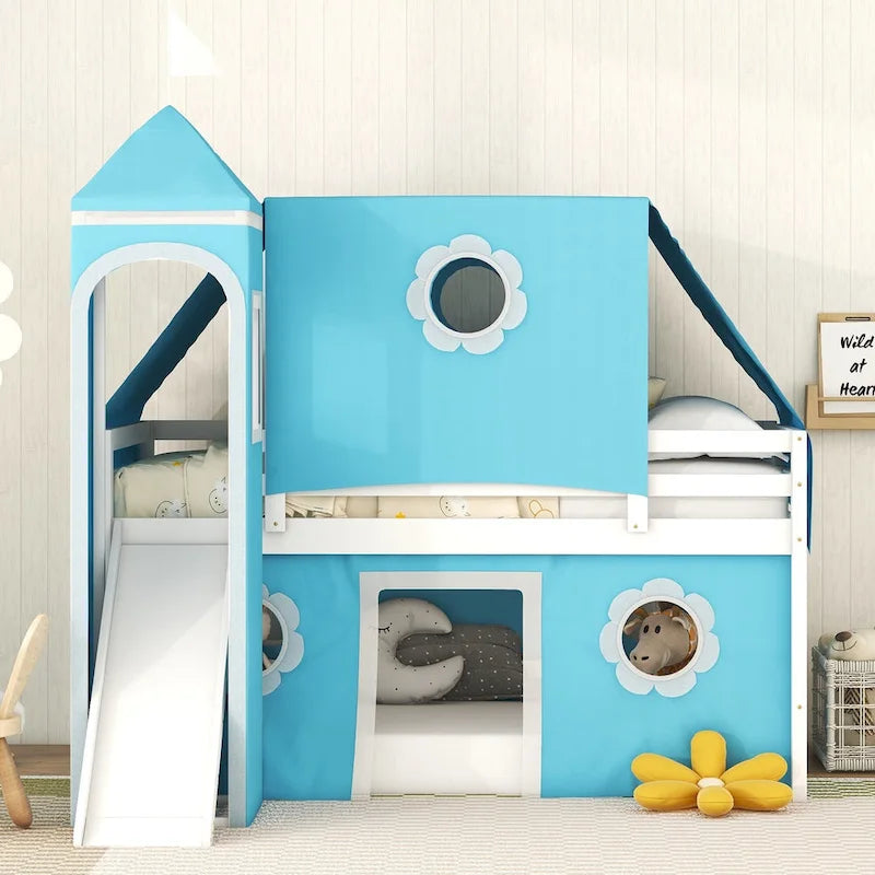 Cama alta tipo casita de madera maciza tamaño Twin azul con tobogán