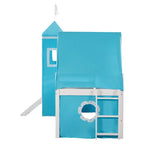 Cama alta tipo casita de madera maciza tamaño Twin azul con tobogán