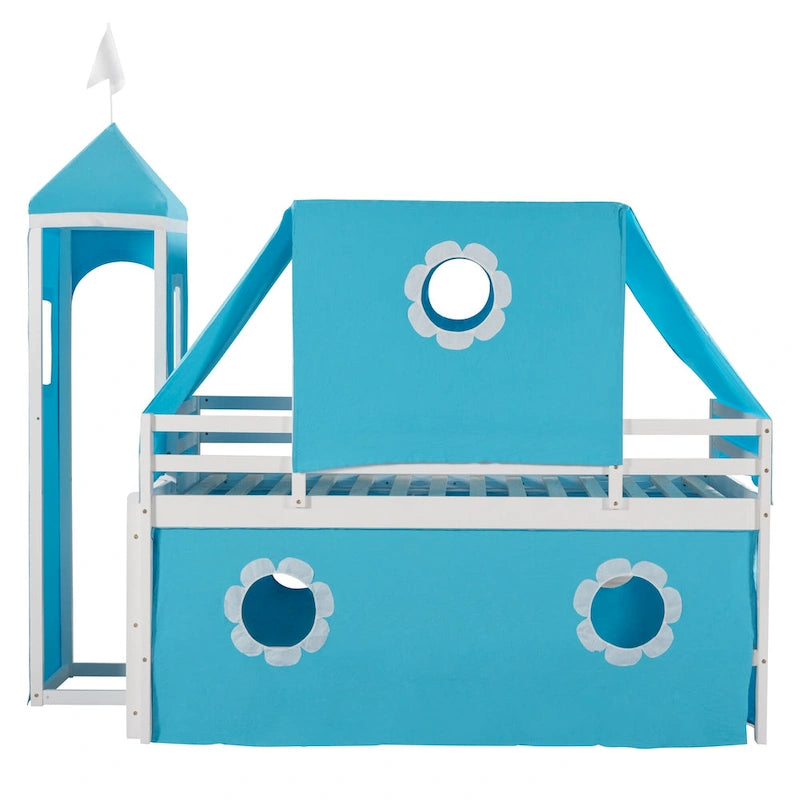 Cama alta tipo casita de madera maciza tamaño Twin azul con tobogán