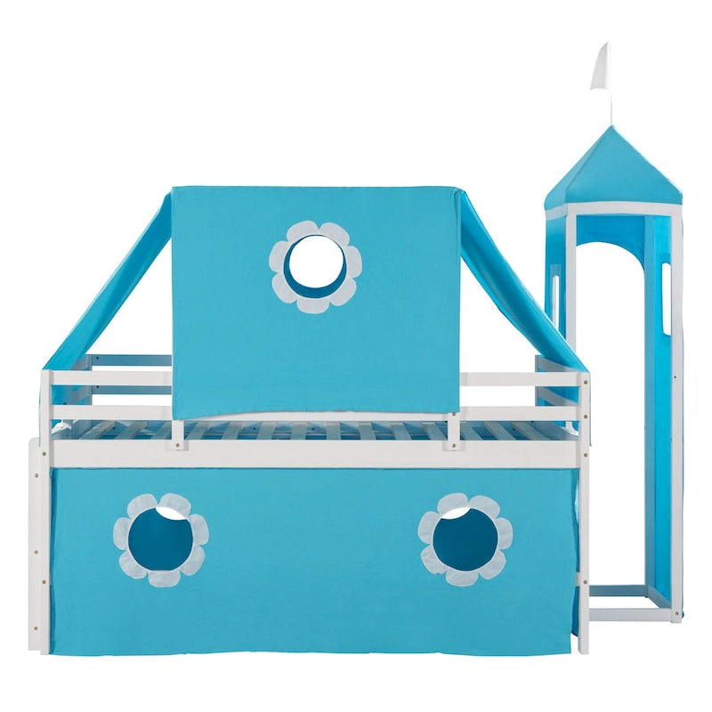 Cama alta tipo casita de madera maciza tamaño Twin azul con tobogán