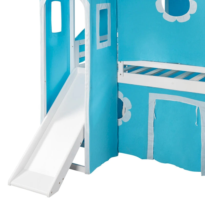 Cama alta tipo casita de madera maciza tamaño Twin azul con tobogán
