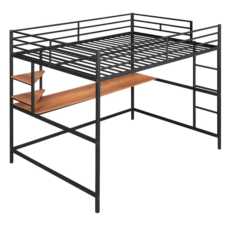 Cama alta metálica negra tamaño Full con escritorio, escalera y estantes para niños