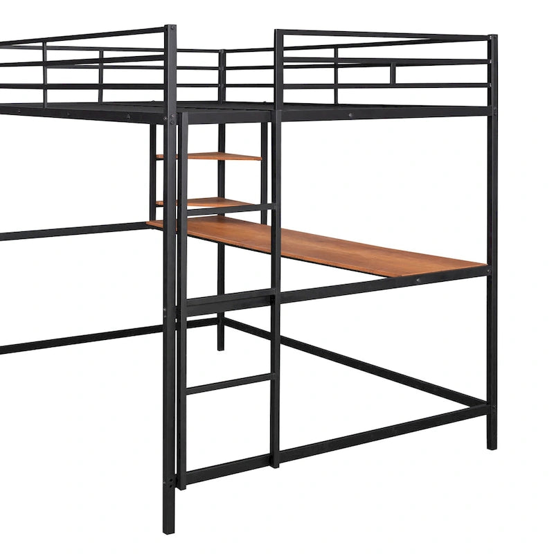 Cama alta metálica negra tamaño Full con escritorio, escalera y estantes para niños