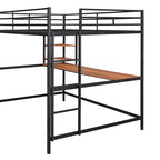 Cama alta metálica negra tamaño Full con escritorio, escalera y estantes para niños