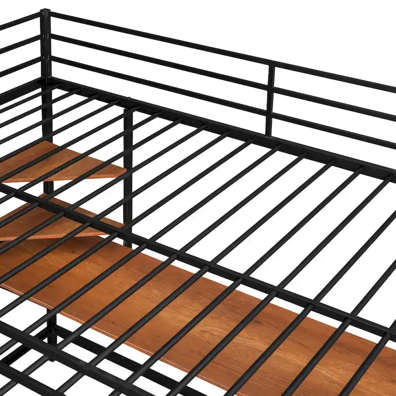 Cama alta metálica negra tamaño Full con escritorio, escalera y estantes para niños