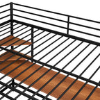 Cama alta metálica negra tamaño Full con escritorio, escalera y estantes para niños