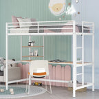 Cama alta metálica blanca tamaño Twin con escritorio, escalera y estantes para niños