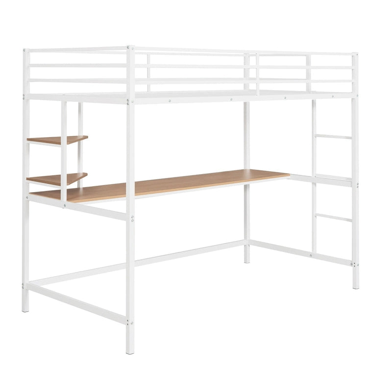 Cama alta metálica blanca tamaño Twin con escritorio, escalera y estantes para niños