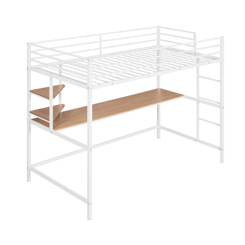 Cama alta metálica blanca tamaño Twin con escritorio, escalera y estantes para niños