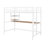 Cama alta metálica blanca tamaño Twin con escritorio, escalera y estantes para niños