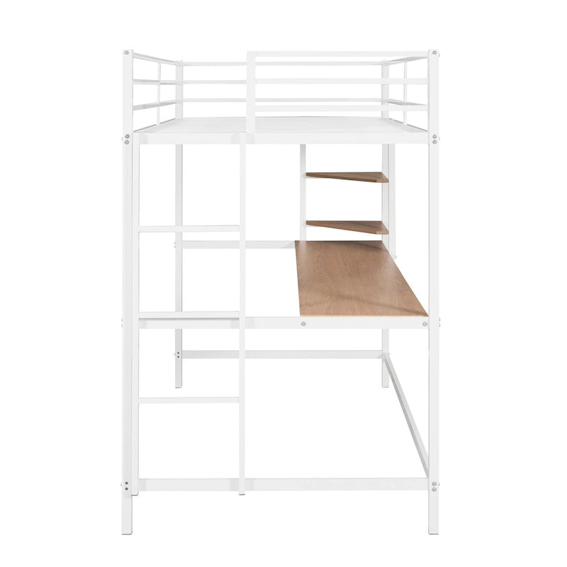 Cama alta metálica blanca tamaño Twin con escritorio, escalera y estantes para niños