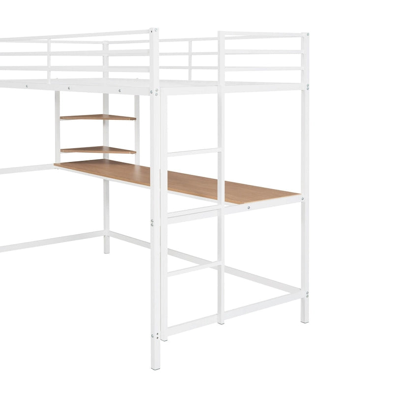 Cama alta metálica blanca tamaño Twin con escritorio, escalera y estantes para niños