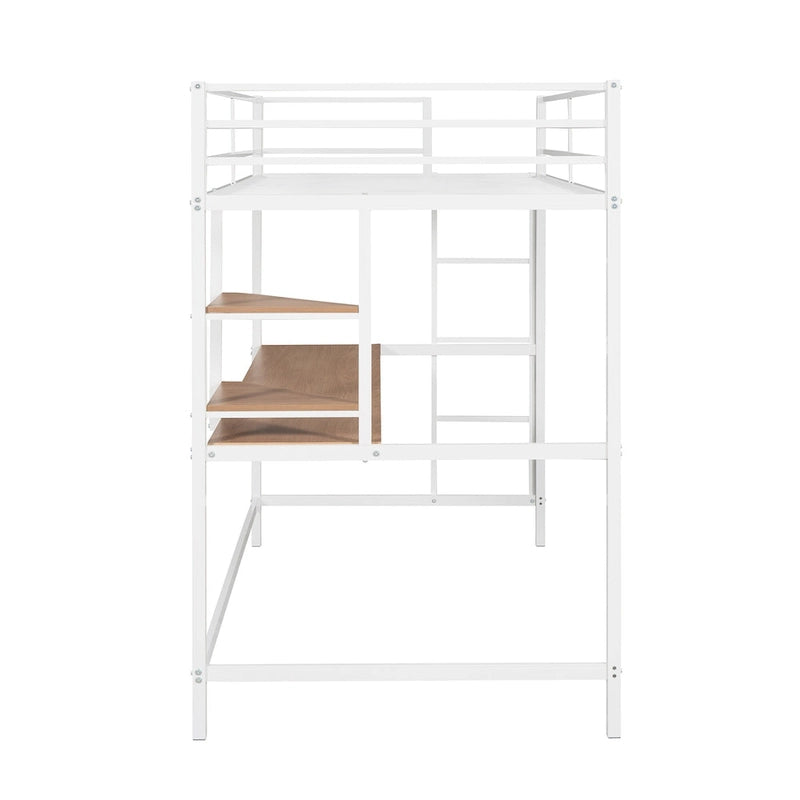Cama alta metálica blanca tamaño Twin con escritorio, escalera y estantes para niños