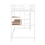 Cama alta metálica blanca tamaño Twin con escritorio, escalera y estantes para niños