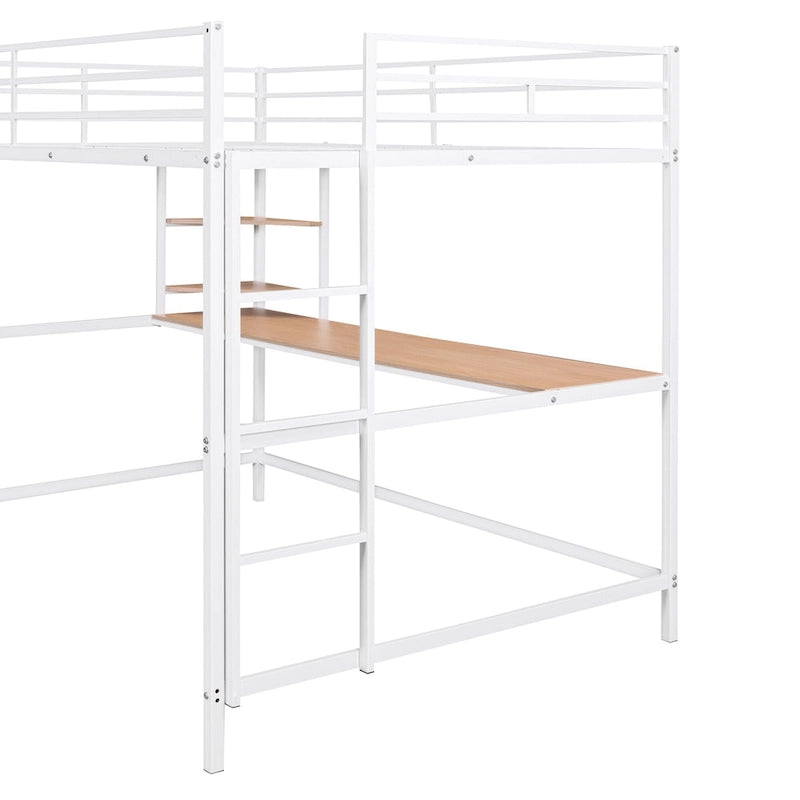 Weißes Metall-Hochbett in Full-Größe mit Schreibtisch, Leiter und Regalen für Kinder