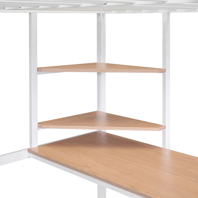 Weißes Metall-Hochbett in Full-Größe mit Schreibtisch, Leiter und Regalen für Kinder