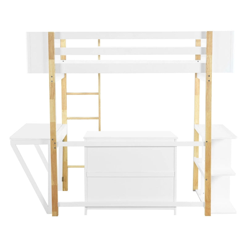 Cama alta blanca de madera maciza tamaño Twin con almacenamiento integrado y escritorio plegable