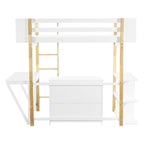Cama alta blanca de madera maciza tamaño Twin con almacenamiento integrado y escritorio plegable