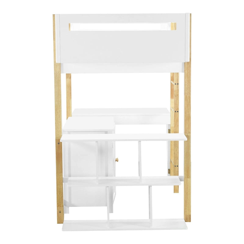 Weißes Hochbett aus Massivholz in Twin-Größe mit integriertem Stauraum und klappbarem Schreibtisch