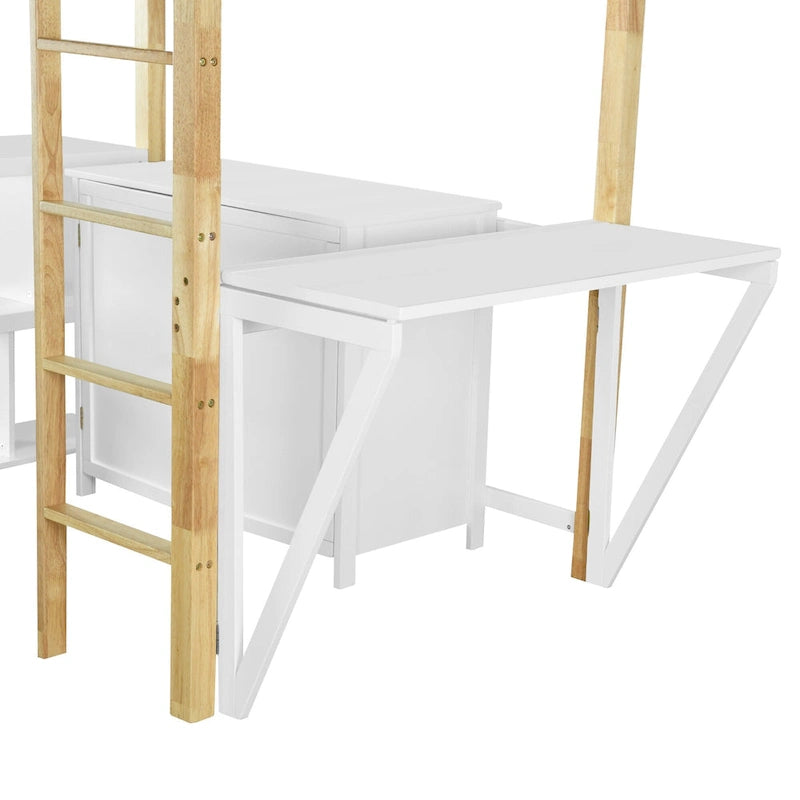 Weißes Hochbett aus Massivholz in Twin-Größe mit integriertem Stauraum und klappbarem Schreibtisch