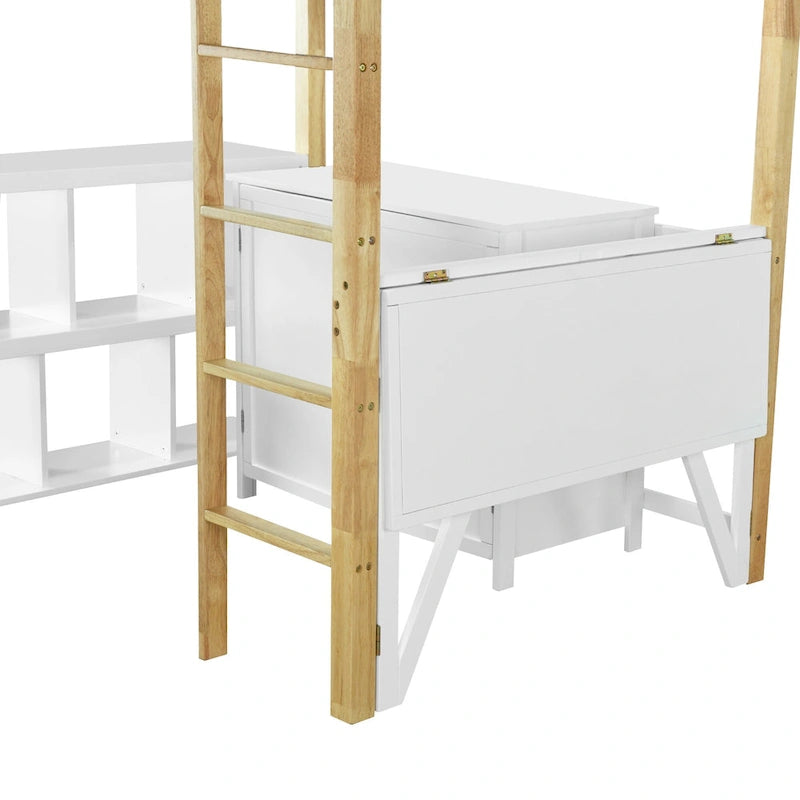 Cama alta blanca de madera maciza tamaño Twin con almacenamiento integrado y escritorio plegable