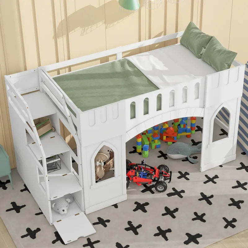 Cama alta tamaño Twin con escalera de almacenamiento y ventana para niños y niñas