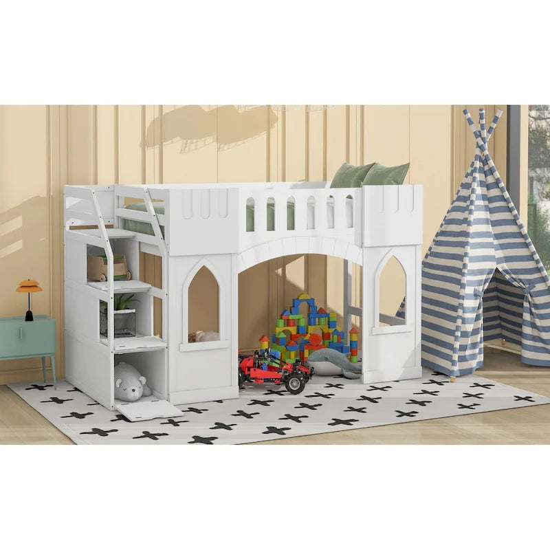 Cama alta tamaño Twin con escalera de almacenamiento y ventana para niños y niñas